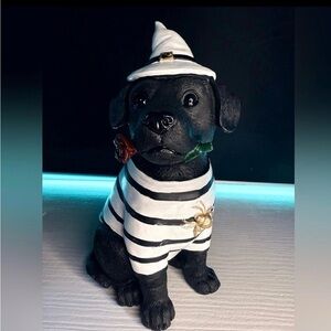 Black Lab Witch Puppy Halloween Decor Statue • Striped Shirt & Rose • NWT